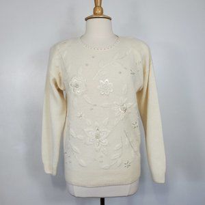 Vintage Spice of Life Cream Beaded Embroidered Lambs Wool Angora Sweater, M